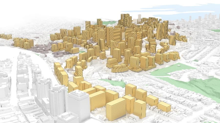 Council's render of the NSW Government's proposed towers across the precinct